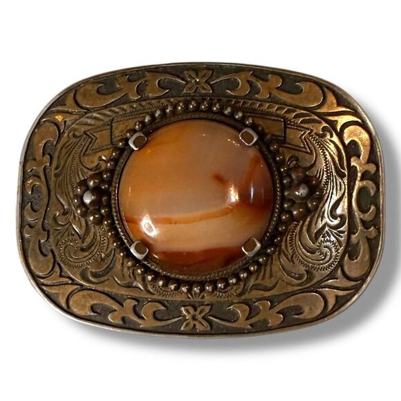 Western Stone Belt Buckle Unisex Copper Tone Filigree Cowboy Cowgirl